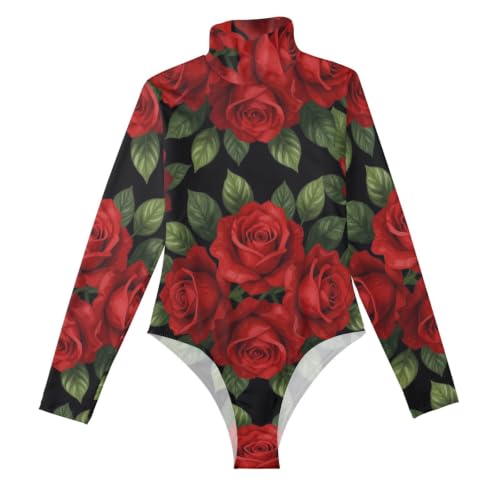 Body de manga larga para mujer con cuello alto falso y estampado de rosas rojas chic