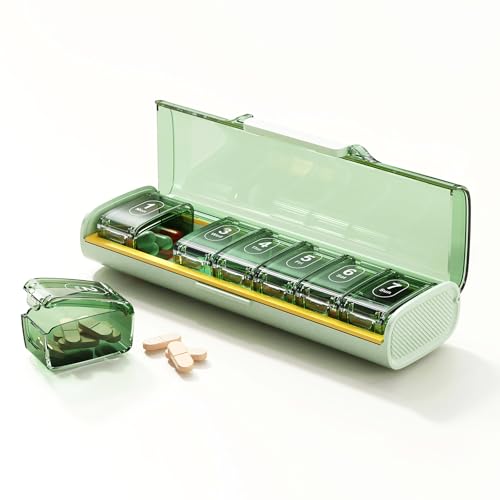 Weekly Pill Organizer,Portable 7 Day Pill Box,Moisture Proof Medicine Pill Organizer,Travel Pill Case with BPA-Free Material,Pocket-Size for Supplements & Vitamins (Green)
