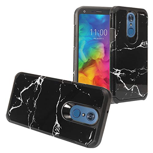 Eaglecell - Compatible with LG Q7+ Plus, Q7 LM-Q610 - Hybrid Image Hard Case + Tempered Glass Screen Protector - AD1 Black Marble