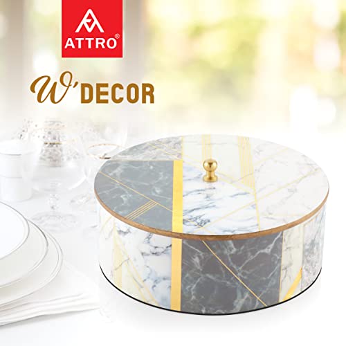 Image of Attro Marble Gold Designer Wooden Lid Box Round Multipurpose Box with Lid for Kitchen Storage Box, Chapati Box, Chocolate Box