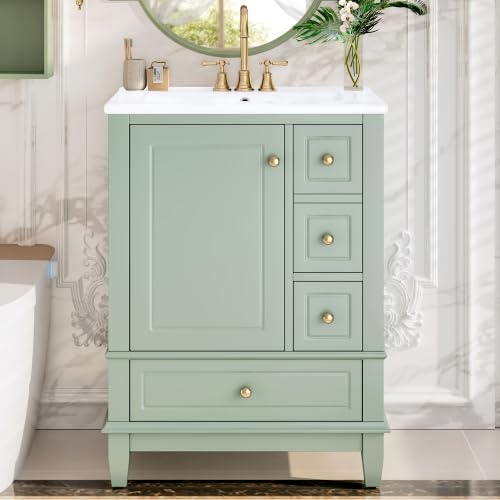 Image of Bellemave Bathroom Vanity with Ceramic Sink & 3 Drawers, 24 inch Bathroom Cabinet with Storage Shelves & Solid Wood Base, Freestanding Vanity Cabinet with Organizer (Light Green /24)