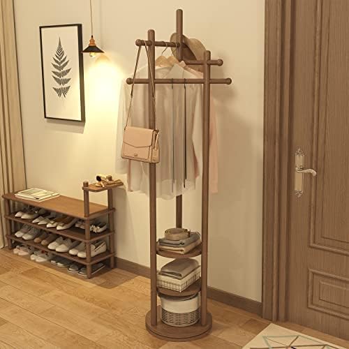 KungFuWood Coat Rack, Rotary Coat Rack Freestanding,FAS Grade Rubber Wood,Coat Rack Stand with 3 Shelves and 3 Crossbar, Sturdy and Easy Assembly Wooden Coat Tree (Walnut)