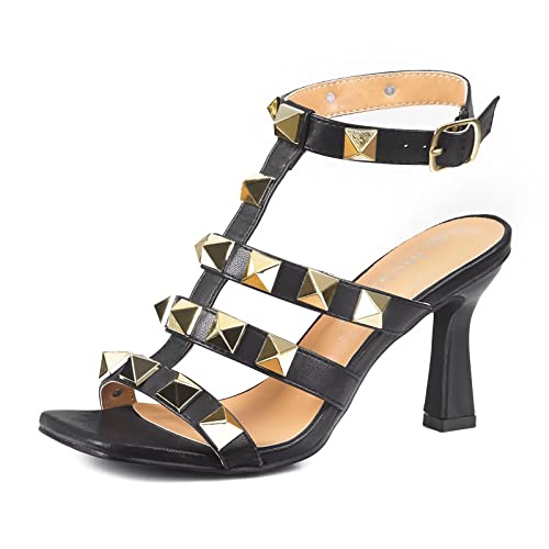 Musshoe Studded Heels For Women Sexy Square Toe Heeled Sandals,Black 9 #TOP13
