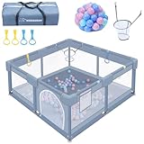 WoRaum Parc Bébé 130 x 130 x 66 cm, Parc Enfant avec Poignées de Traction, Balles, Filet Respirant, Sol Antidérapant, Parc de Jeu Sécurisé pour Enfants(Gris)