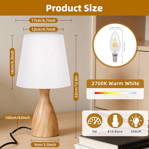 Wood Bedside Table Lamp, White Linen Lampshade with Golden Striped, On-Off Switch, 12.6 Inch Nightstand Lamp for Reading, Bedroom, Living Room, Children's Room, Office, Bulb Included - Image 6
