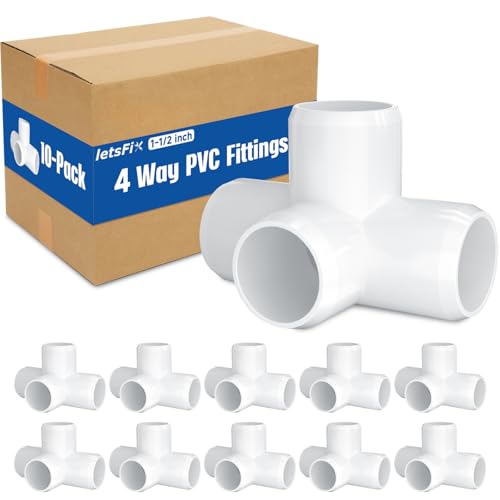 1-1/2" PVC Fittings 4 Way (10-Pack) Furniture Grade, 1-1/2" Elbow Connector, Heavy Duty for DIY Furniture, Frames, UV Resistant - Compatible with 1-1/2" Schedule 40 PVC Pipes