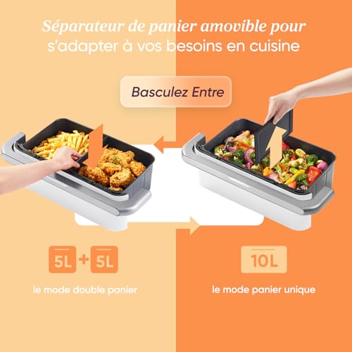 COSORI Air Fryer 10L Twinfry, Friteuse sans Huile 5-en-1, Airfryer à Dual Zone Avec Séparateur Amovible, Double Résistance, Grande Capacité, Cuisson optimale, 40℃-240℃, Contrôle Smart via App