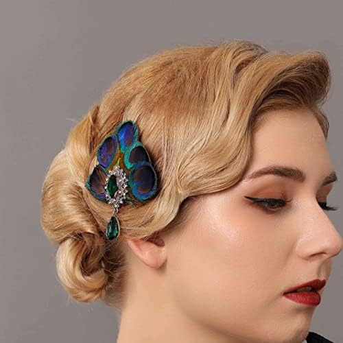 Fashey 1920s Flapper Hair Clips Peacock Feather Hair Clips 20s Great Gatsby Hair Pin Green Rhinestone Feather Headpiece Hair Accessories for Women and Girls