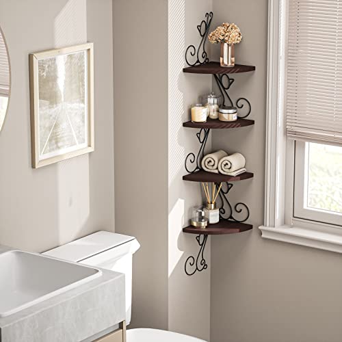 Alsonerbay Corner Shelf Wall Mount, 4 Tier Floating Shelves For Wall, Easy-To-Assemble Wall Shelves Rustic Wood Decor For Bedroom Living Room Bathroom Kitchen Office, Walnut Finish #TOP5