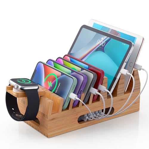 All In One Family Dock Station, Wooden Bamboo Charge Stand, Dock Rack Organizer for Multiple Devices for Mobile Phones, Tablets, Laptop, Smart Watch -No Charger Power Supply