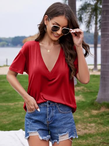 Image of UNCLECAT Womens Deep V Neck T Shirts Summer Oversized Short Sleeve Tops