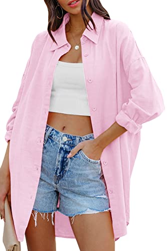 Image of FSHAOES Womens Oversized Button Down Shirts Casual Loose Long Sleeve Solid Lapel Long Blouses Tops with Pockets
