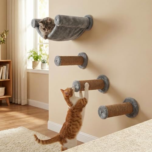 Image of Wall-Mounted Cat Scratching Poles, Natural Jute, Blue Plush Ends, Space-Saving Design (10X5 INCH) (FURR-155) (Grey)