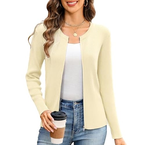 Totatuit Women's Long Sleeve Zip Up Sweater Lightweight Cardigan Crew Neck Tops Zipper Knitted Jacket XX-Large Beige
