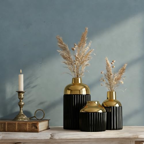 Vases en céramique noire et dorée lot de 3 design côtelé pour herbe de pampa