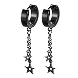 JewelryWe Pair of Unisex Hoop Earrings Pentacle Star Pendant Charm Stainless Steel Drop Earring For Men and Women(Black)