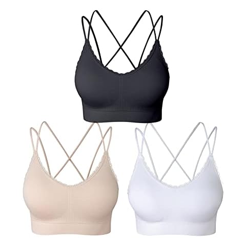Comfyin Crisscross Back Bralettes for Women Lace Trim Cami Bras Seamless Sleep Bras with Removable Pads 3 Pack,Black+Beige+White,M Cover