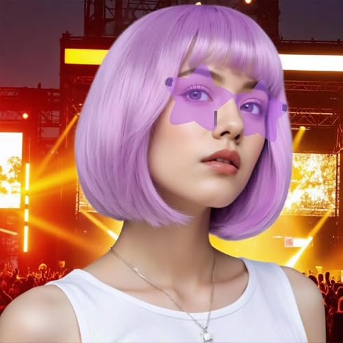 Image of ANOGOL Light Purple Bob Wig with Bangs Purple Wigs for Women Colored Wigs | Hair Cap+Sunglasses Short Neon Wig for Bachelorette Party Funny Outfit for Women Halloween Costume Night Club Crazy Hair Day