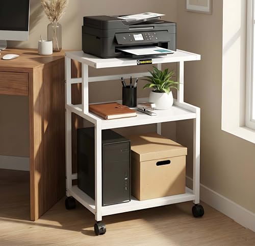 Image of Premium Metal Iron White Printer Stand with Wheels - Heavy-Duty & Stylish Storage for Printers, Files, and Essentials - Durable, Modern & Perfect for Homes & Offices (White)