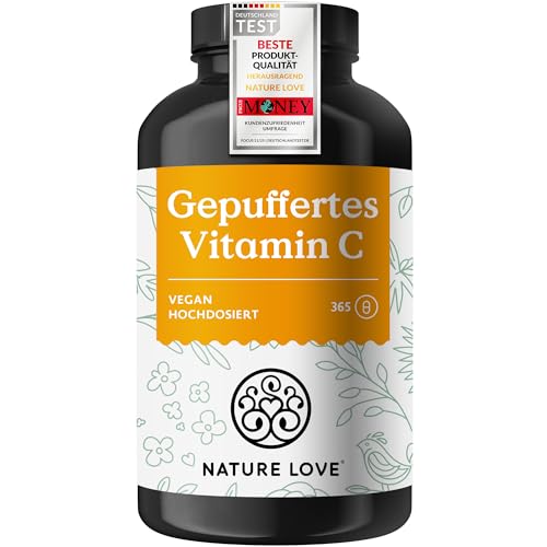 NATURE LOVE® Gepuffertes Vitamin C - Hochdosiert mit 1000mg Vitamin C je Tagesdosis - 365 Kapseln - pH-neutral & gut verträglich - Vegan