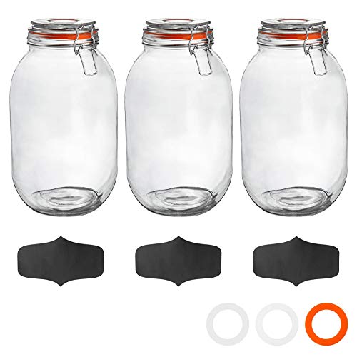 Argon Tableware 3x 3000ml (3 Litre) Clear Glass Storage Jars with Chalkboard Labels Orange Airtight Silicone Seal and Metal Clip Lids - 105.5oz Large Empty Kitchen Containers