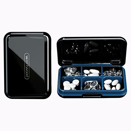 Image of DUBSTAR Small Pill Box for Purse, Moisture Waterproof Travel Pill Case with 6 Compartments, Daily Pill Organizer for Vitamins & Medication (L-Black)