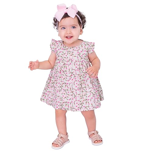 Vestido de Bebê Menina Florido com Tiara 100% Algodão Giovana Tamanho:G (6-12 Meses)