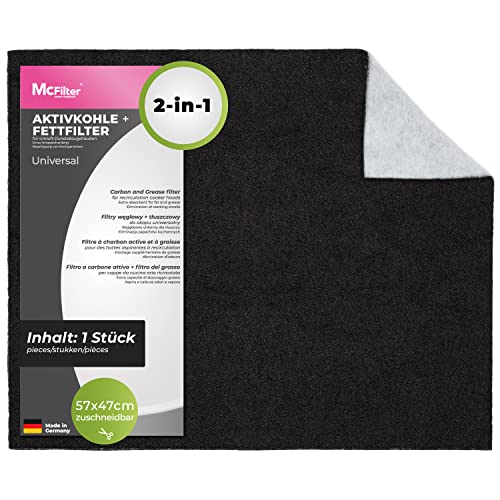 McFilter | 1 filtro de carbón activo + grasa para campana extractora cortable universalmente 57 x 47cm, filtro de carbón activo para campana extractora, filtro de humos
