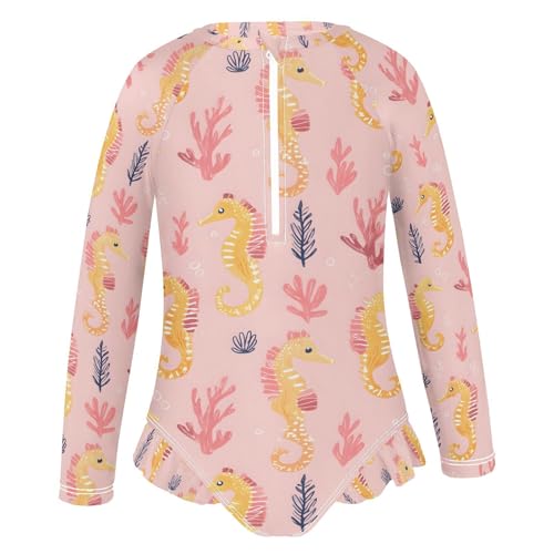 ALAZA Seahorse Coral Reef Bubble Girls One Piece Swimsuit Long Sleeve Rash Guard Swimsuits UV 50+ Swimwear Zipper2