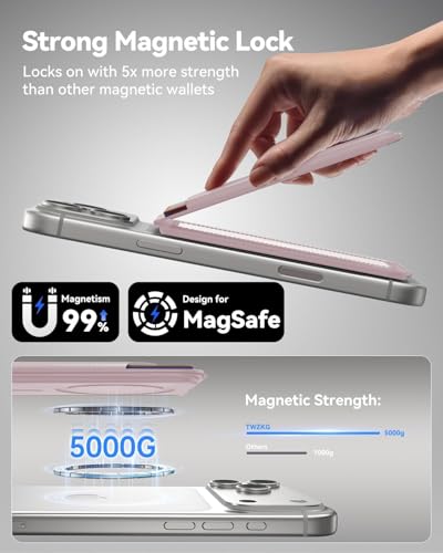 Image of Meyaar Magnetic Wallet for iPhone & Android | MagSafe Card Holder with 2 Adhesive Metal Rings | 5 Card Holder for MagSafe Cases & Android Phones | Vegan Leather (Pink)