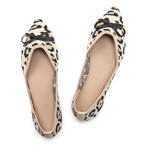 Frank Mully Flache Damenschuhe, Klassische Flache Schuhe mit spitzer Zehenpartie, gestrickte Abendschuhe, weiche Flache Schuhe für Damen, bequem und elegant, Leopardenmuster W, 37 EU