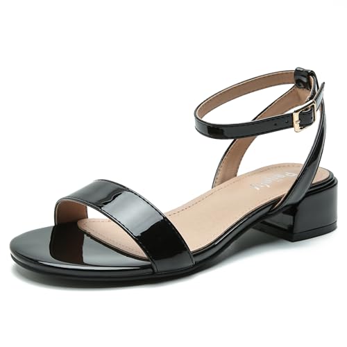 Image of Women's Ankle Strap Sandals, Low Block Heel, Open Toe Summer Dress Shoes with Buckle Closure