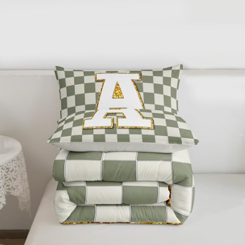 Image of Erosebridal Sage Green Checkered Comforter Set Full Plaid Initial A Bedding Set Personalized Monogram Comforter for Kids Adults,Fashion Grids Gingham Quilt Duvet