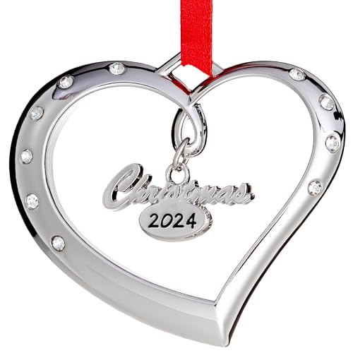 Klikel Christmas Ornament 2024 - Silver Heart 2024 Christmas Ornament - Christmas Ornament Heart with Crystals - Beautiful Christmas Ornament - Dated Ornament 2024-2024 Ornament for Christmas Tree