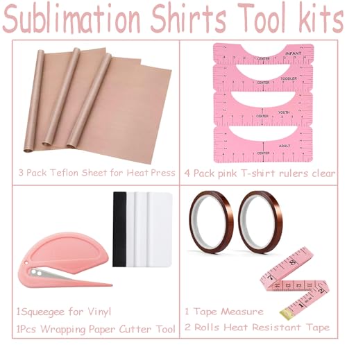 Sublimation Shirts Tool Kits (Pink) - 4 T Shirt rulers, 3Pack Teflon Sheet for Heat Press 12 x 16in - 2 Rolls Heat Resistant Tape,1 Tape Measure,1Squeegee for Vinyl by YOUlDIANZI - Image 3