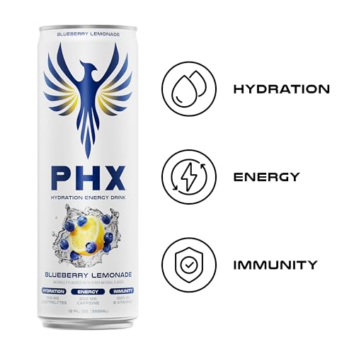 Image of PHX Hydration Energy Drink - 700mg Electrolytes, 200mg Natural Green Tea Caffeine, 100% Daily Value 8 Essential Vitamins - 12 oz Cans (12 Pack) (12 Pack, Blueberry Lemonade)
