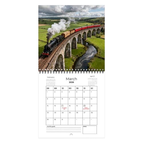Steam Train Wall Calendar 2026-12 Month Retro Art Railway Planner, Monthly Paper Calendar for Scheduling, Vintage Train Art Calendars | Home School Study Office Planning Organizing Decor