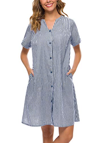 Yozly House Dress Women Cotton Duster Robe Short Sleeve Housecoat Button Down Nightgown (Navy Blue, Xxl) #TOP1
