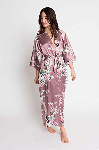 OLDSHANGHAI Women's Kimono Robe Long - Blossoms - Mauve, Satin Kimono Robes for Women with Floral Designs, 52 inches in Length, One Size Fits Most.