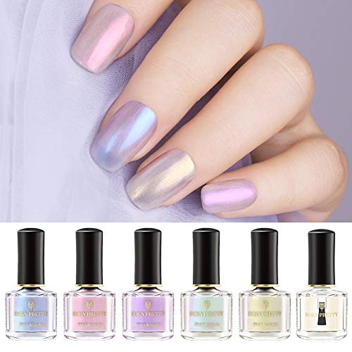 BORN PRETTY Nail Polish Polish Pearl Transparent Shell Glimmer Shiny Shimmers Manicuring Art Varnish 5 Colors with 2 in 1 Top Base Coat