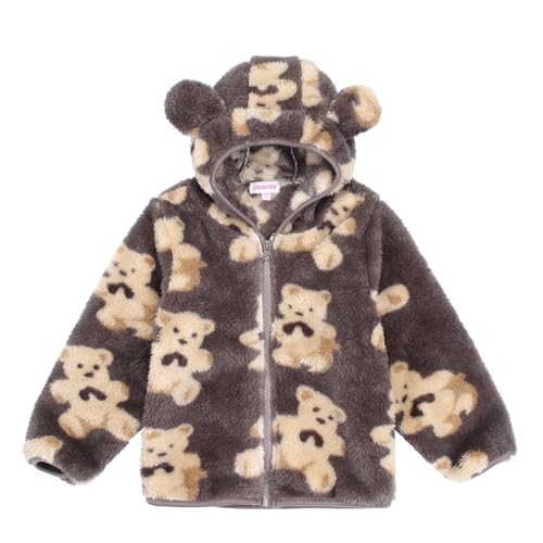 Toddler Girls Boys Fleece Hoody Jacket Zip Up Teddy Coat Warm Winter Outwear Brown Bear Print 2-3T