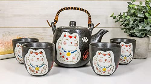Japanese Design Maneki Neko Lucky Cat Black Ceramic Tea Pot And Cups Set Serves 4 Beautifully Packaged In Gift Box Excellent Home Decor Asian (Black Maneki Neko Set) #TOP23