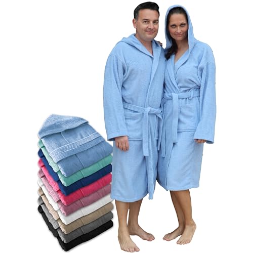 LEBENGOOD Albornoz Hombre Unisex Capucha 100% Algodón Rizo Americano 400 gr, Bolsillos, Bata Suave, Toalla Ducha Mujer (hombre.Capucha Cielo XL)