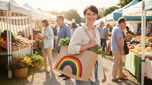 Image of KAF Home Jute Market Tote Bag with Handles, Rainbow, 12.5 inch x 17 inch x 7 inch, Kaf Jute Market Tote