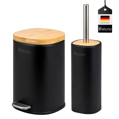 eluno Badezimmer Zubehör Set FRAMURA 2tlg. bestehend aus 1 Kosmetikeimer mit Soft-Close Deckel und 5 Liter Fassungsvermögen und 1 WC-Garnitur, aus Metall mit Bambusdeckel (Schwarz)