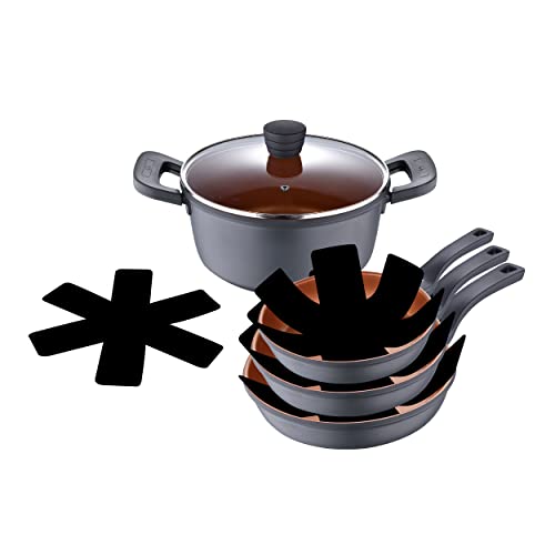 Sartenes San Ignacio SAN IGNACIO Bronze | Juego de Cocina | Set de 3 Sartenes de 20, 24 y 28cm de Diámetro, 1 Cacerola de 4,5L y 4 Protectores |...
