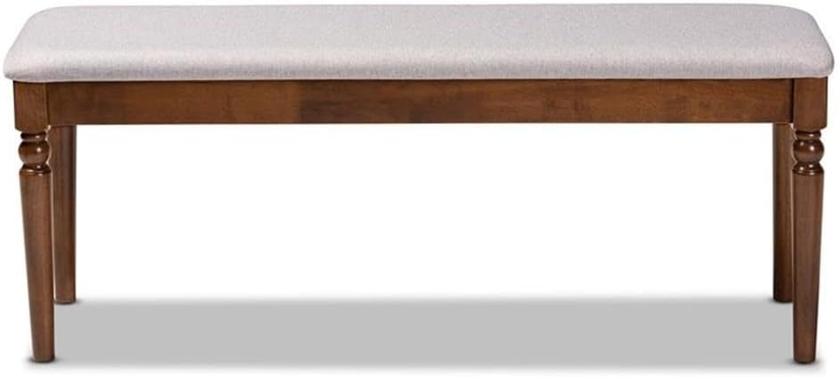 BOWERY HILL Modern Upholstered Wood Dining Bench, 47.8 in Wide, Walnut Brown Finish, Grey Polyester Fabric, Foam Cushion, Classic Ball Turned Legs, Versatile Seating for Dining Room or Entryway