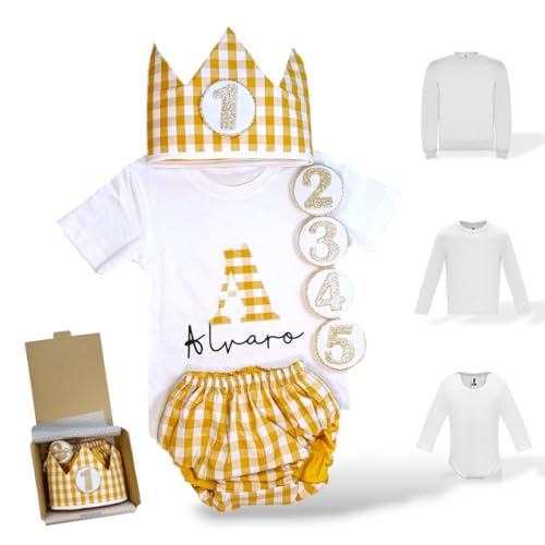 Conjunto Cumpleaños 1 Año Personalizado - Camiseta Con Nombre Bebé - Regalo Primer Cumpleaños - Smash Cake - Corona Cumpleaños Vichy Rosa Mostaza