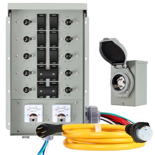 50 Amp Generator Transfer Switch Kit,10-Circuits,12000W, Indoor&Outdoor,NEMA 3R, Include 10 Foot Cord and 50 Amps Inlet Box, Easy to Install,5 Years Warrnaty