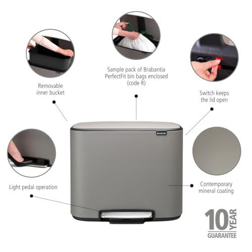 Image of Brabantia Bo Step-On Pedal Trash Can - 9.5 Gal Inner Bucket (Mineral Concrete Gray) Waste /Recycling Garbage Can, Removable Compartments + Free Bags